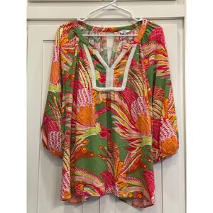 Crown & Ivy floral topical BOHO blouse XL  orange pink green